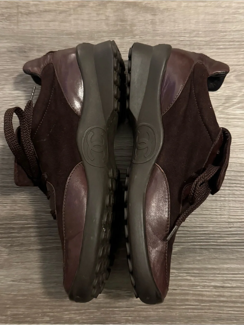 CHANEL Brown Suede Leather Lace-Up Sneakers Logo Accents Men EU 35